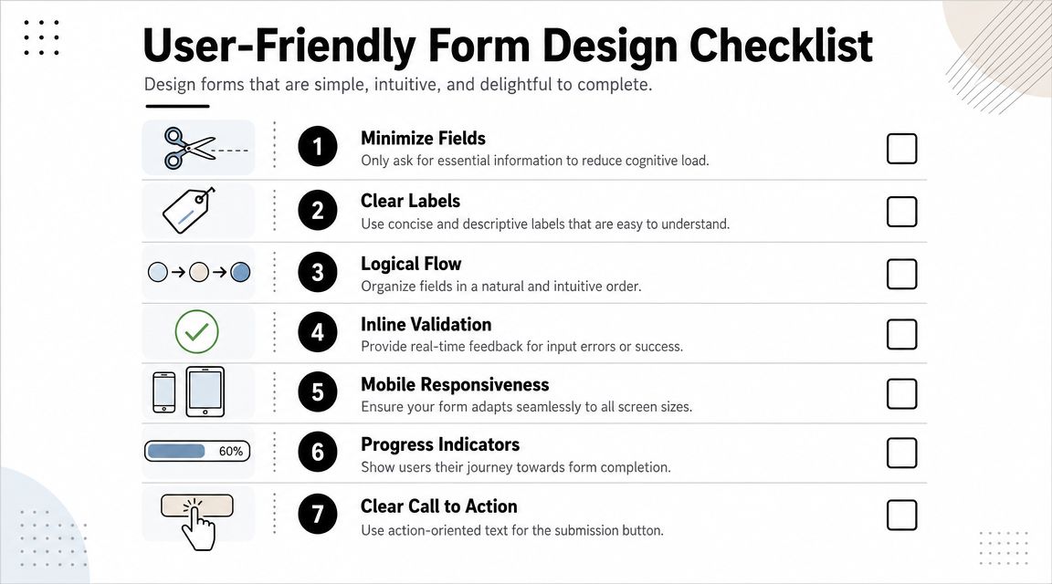 A checklist infographic titled User-Friendly Form Design Checklist outlining seven essential tips for creating effective digital forms.