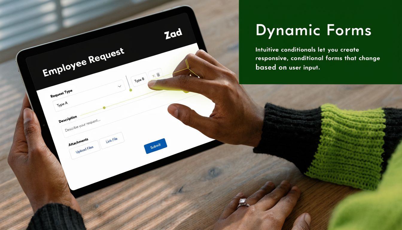 A person using a tablet to fill out a dynamic employee request form with conditional fields.