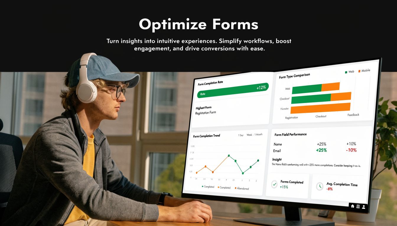 A person using a computer to view a dashboard with analytics for optimizing online web forms.