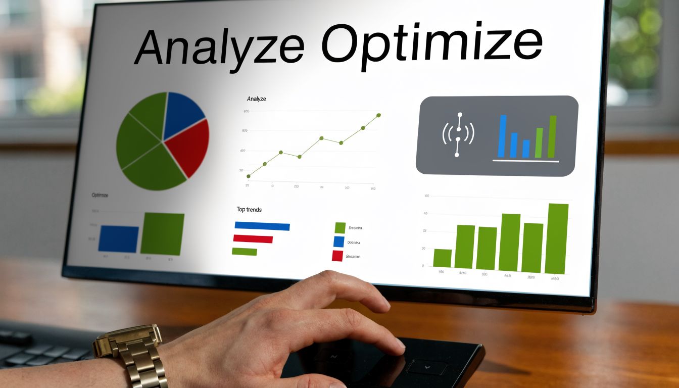 A professional analyzing data and business performance metrics on a computer screen displaying various charts and graphs.