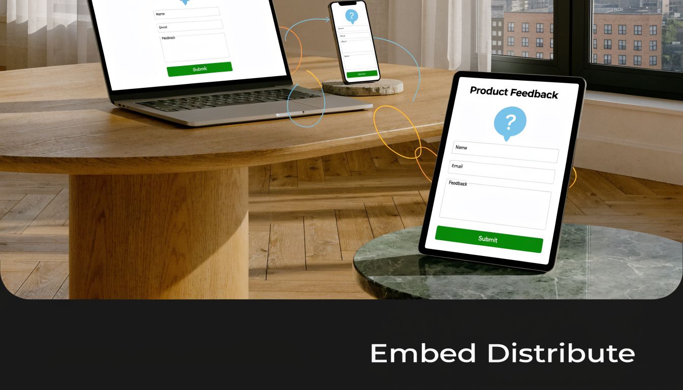 A laptop, smartphone, and tablet displaying identical product feedback forms on a modern desk, illustrating cross-device form distribution.