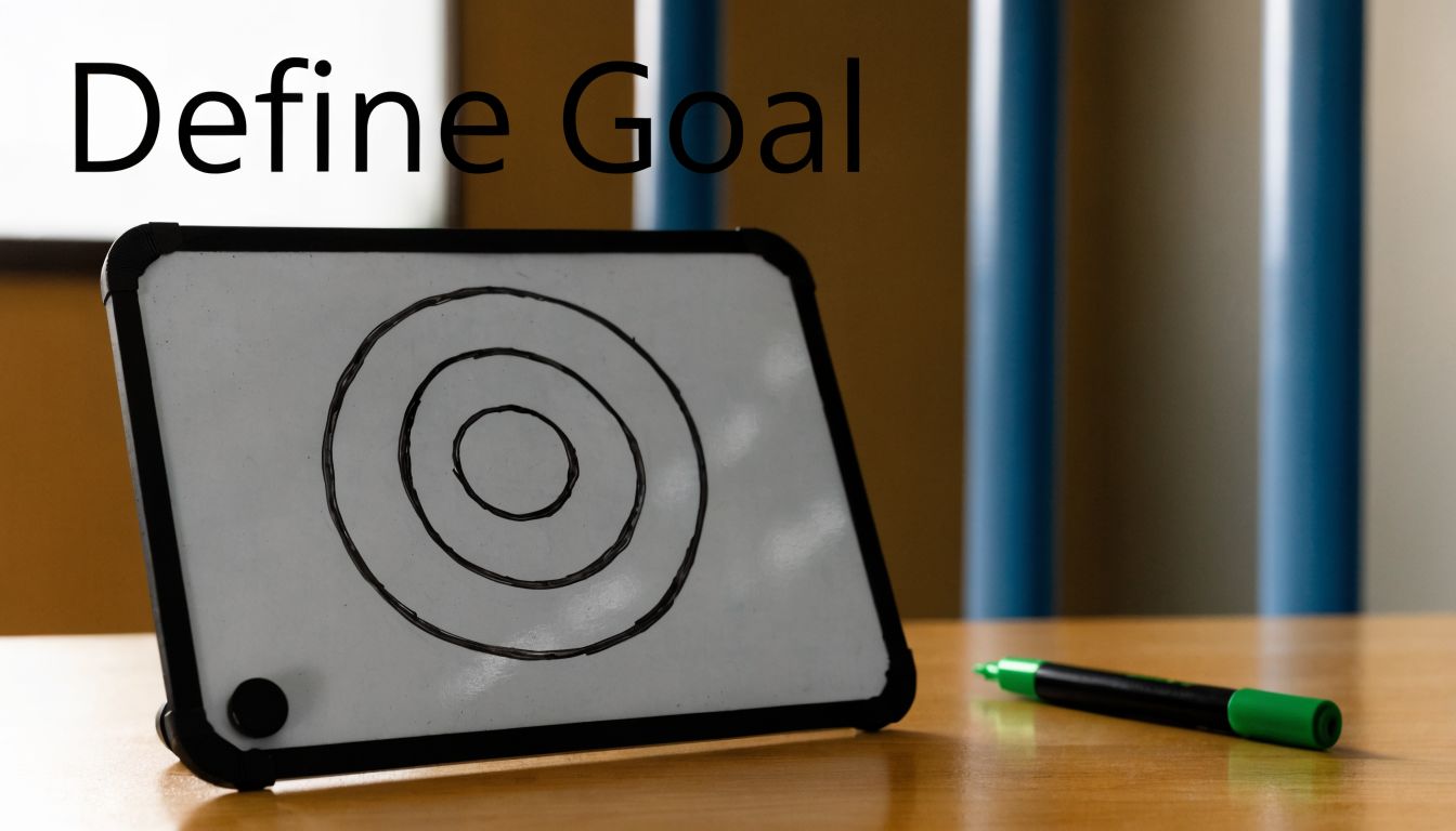 A whiteboard on a desk featuring a target drawing and the text Define Goal written above.