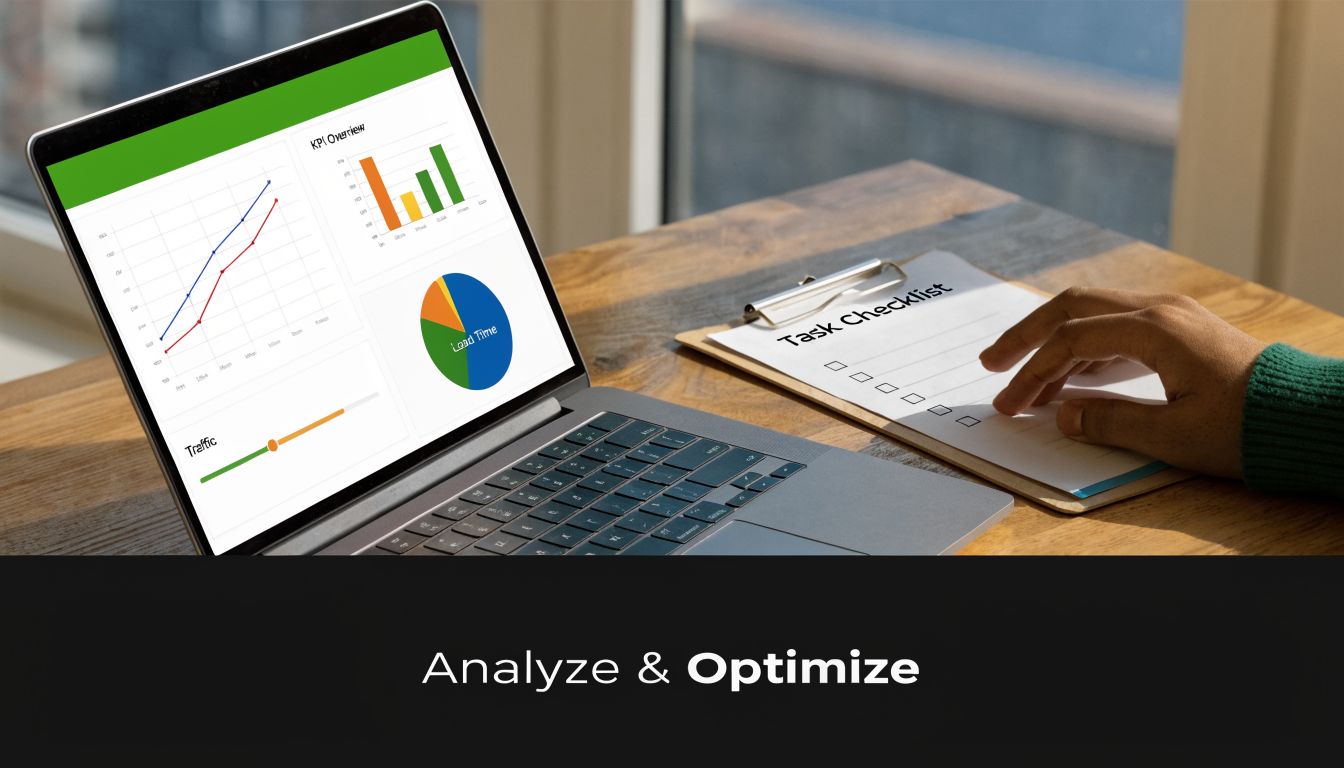 A person reviewing a digital business dashboard on a laptop next to a physical task checklist.