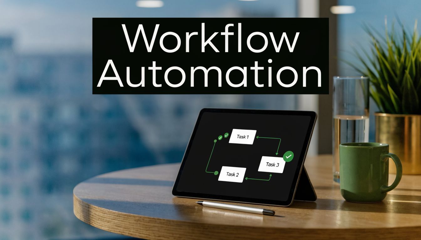 A digital tablet displaying a workflow automation diagram on a desk next to a coffee mug.