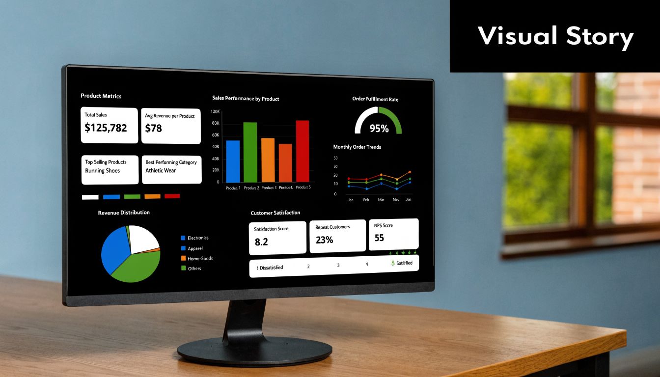 A computer monitor displaying a comprehensive business analytics dashboard on a desk in an office.