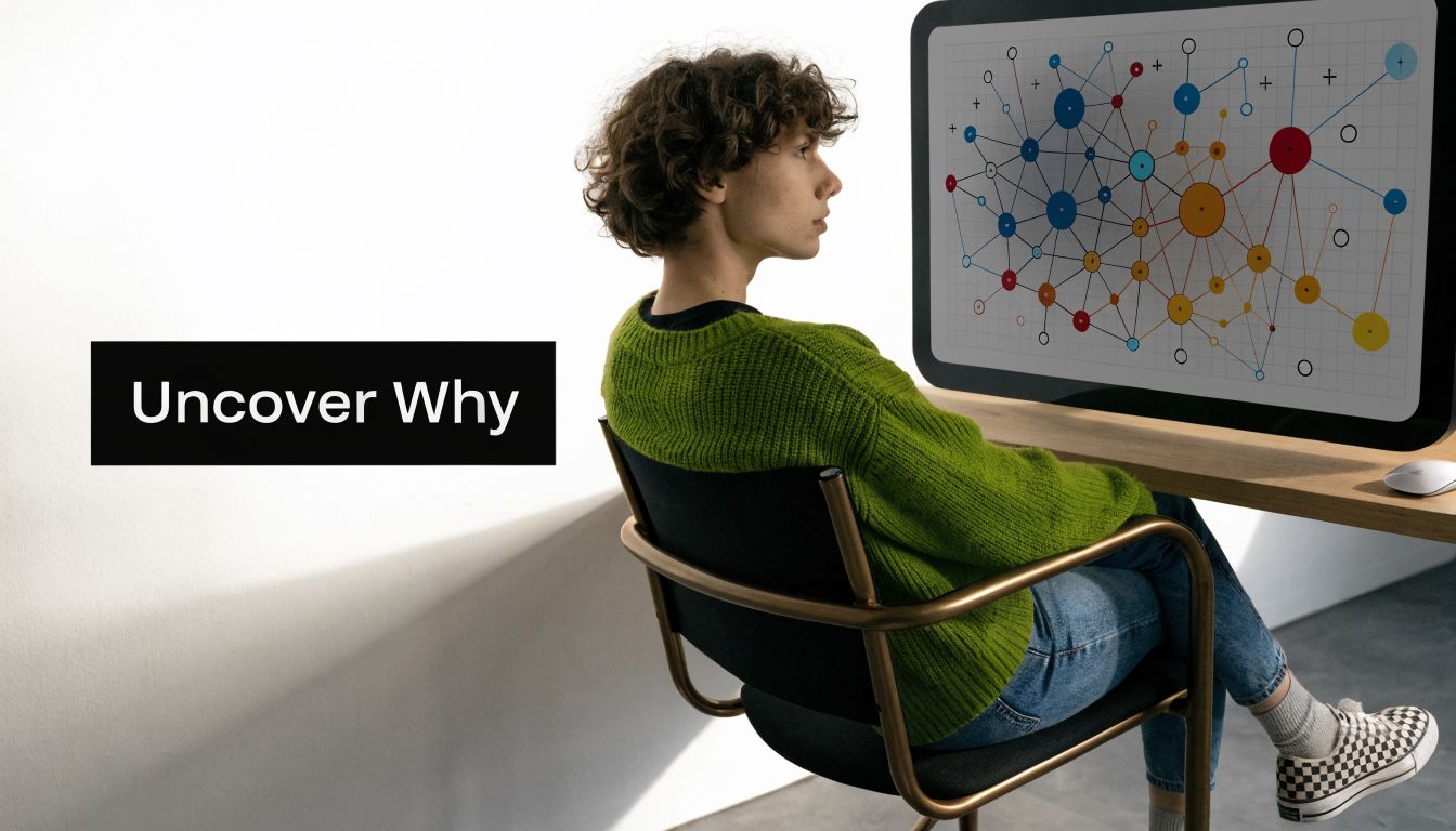 A person with curly hair wearing a green sweater looks at a screen displaying a network diagram.