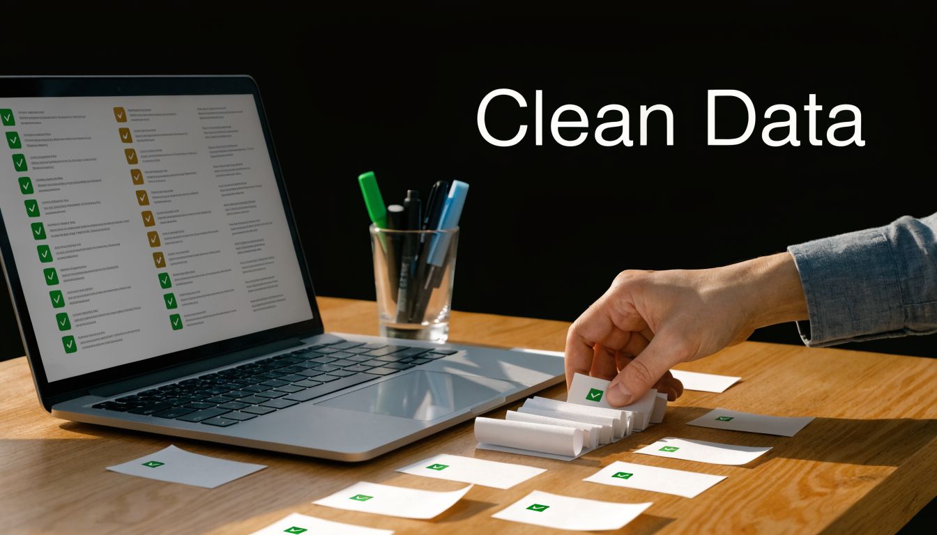 A person organizing paper notes with green checkmarks next to a laptop displaying survey results.