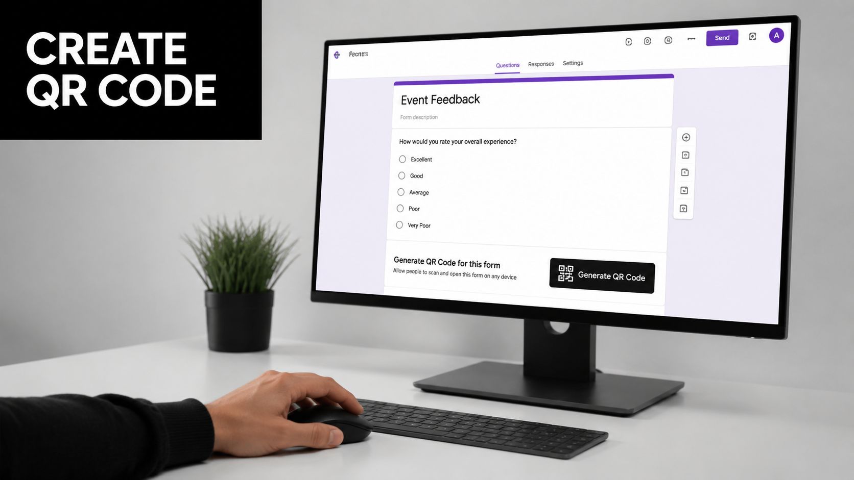 A desktop monitor displaying a form creation tool with a button to generate a QR code.