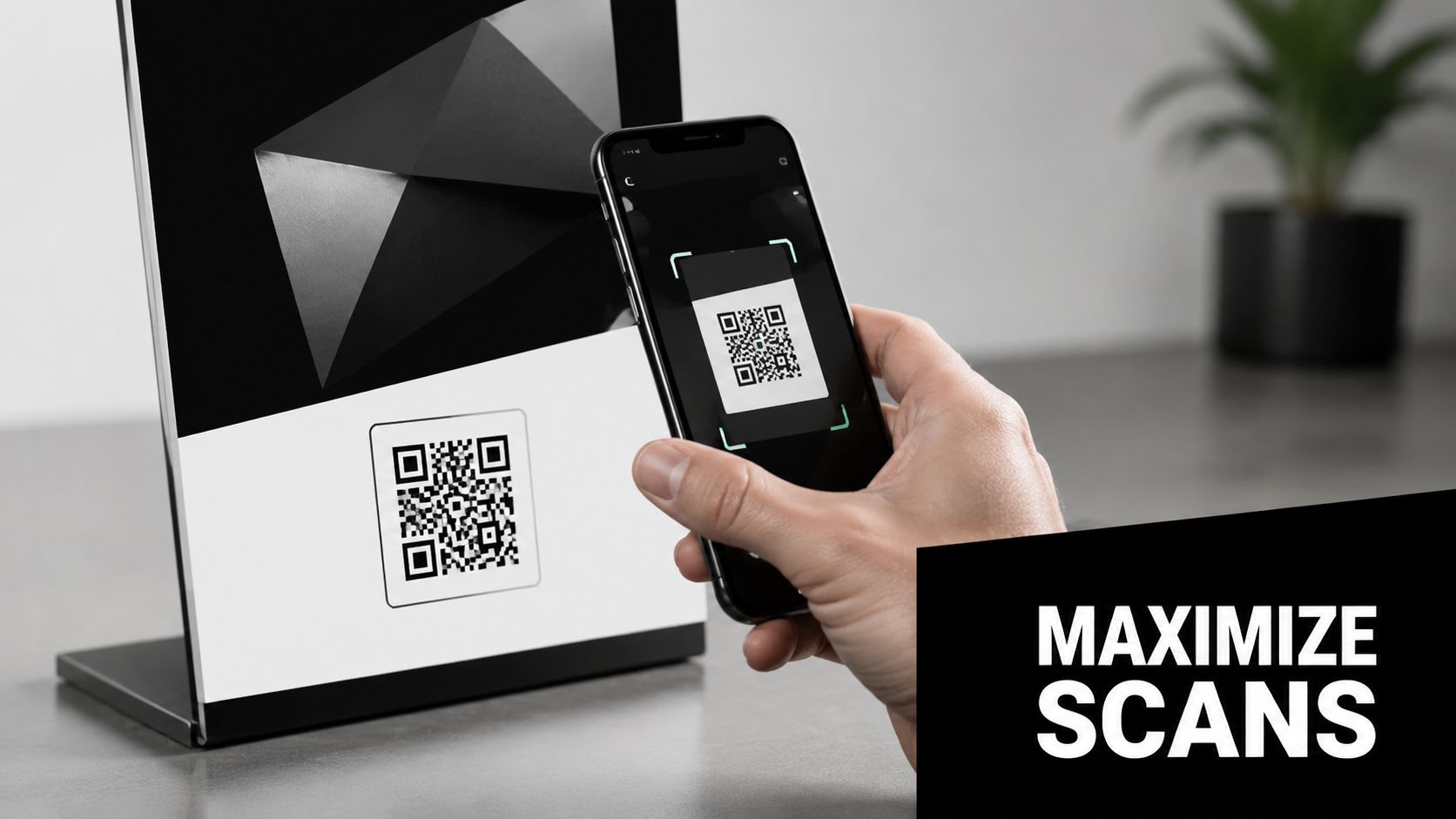 A person using a smartphone to scan a QR code displayed on a professional tabletop stand.