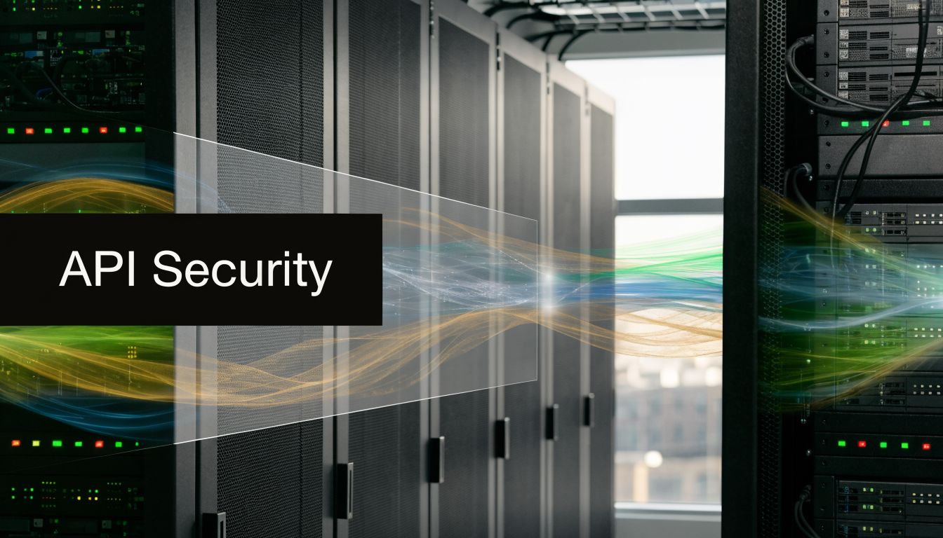 A server room background with digital waves and the text API Security overlaid in a black box.