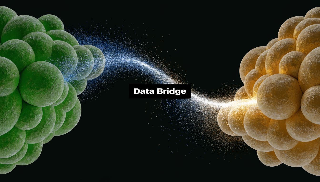 Abstract representation of data being transferred between a green cluster and a golden cluster of spheres.