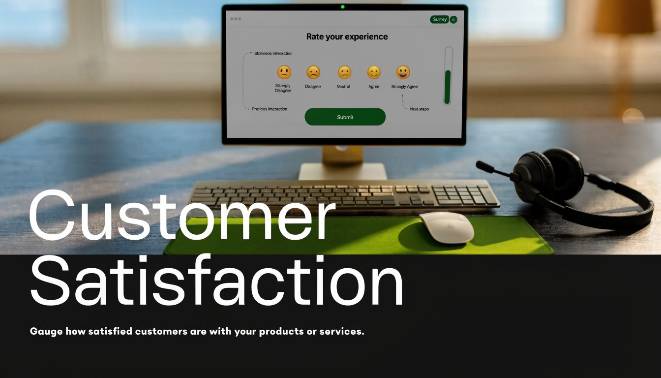 A computer screen displaying a customer satisfaction survey with smile ratings on a desk with headphones.