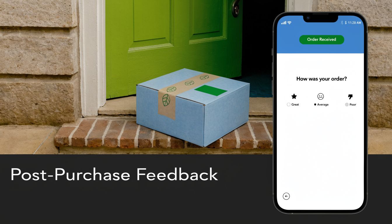 A smartphone screen displaying a customer feedback survey with rating options placed next to a delivered package.