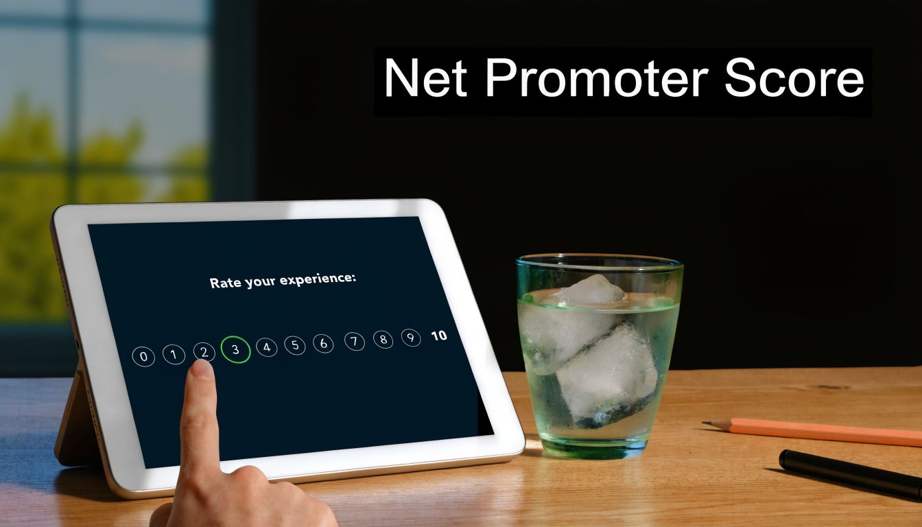 A person selecting a rating on a digital Net Promoter Score customer satisfaction survey on a tablet.