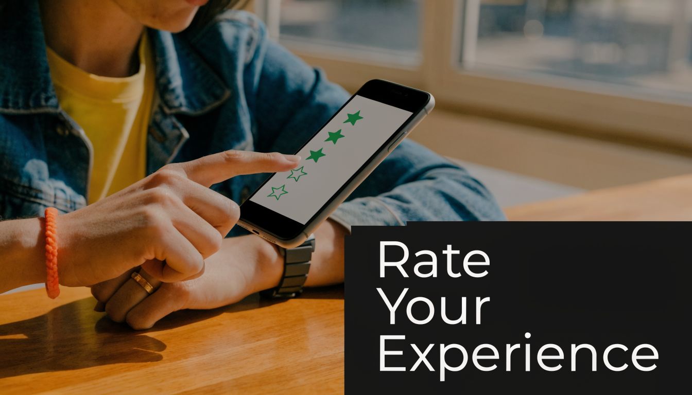 A person using a smartphone to select a four-star rating on a customer feedback form interface.