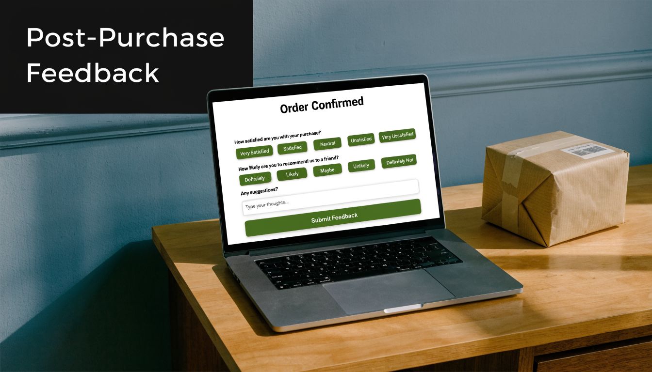 A laptop on a wooden desk displaying a customer satisfaction survey form with a package beside it.