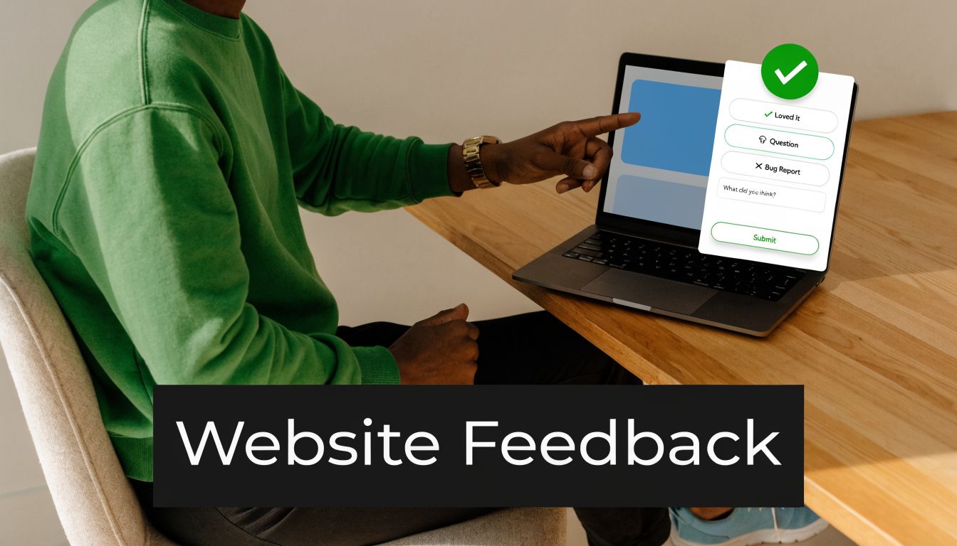A person pointing at a laptop screen displaying a website feedback form with options for user input.