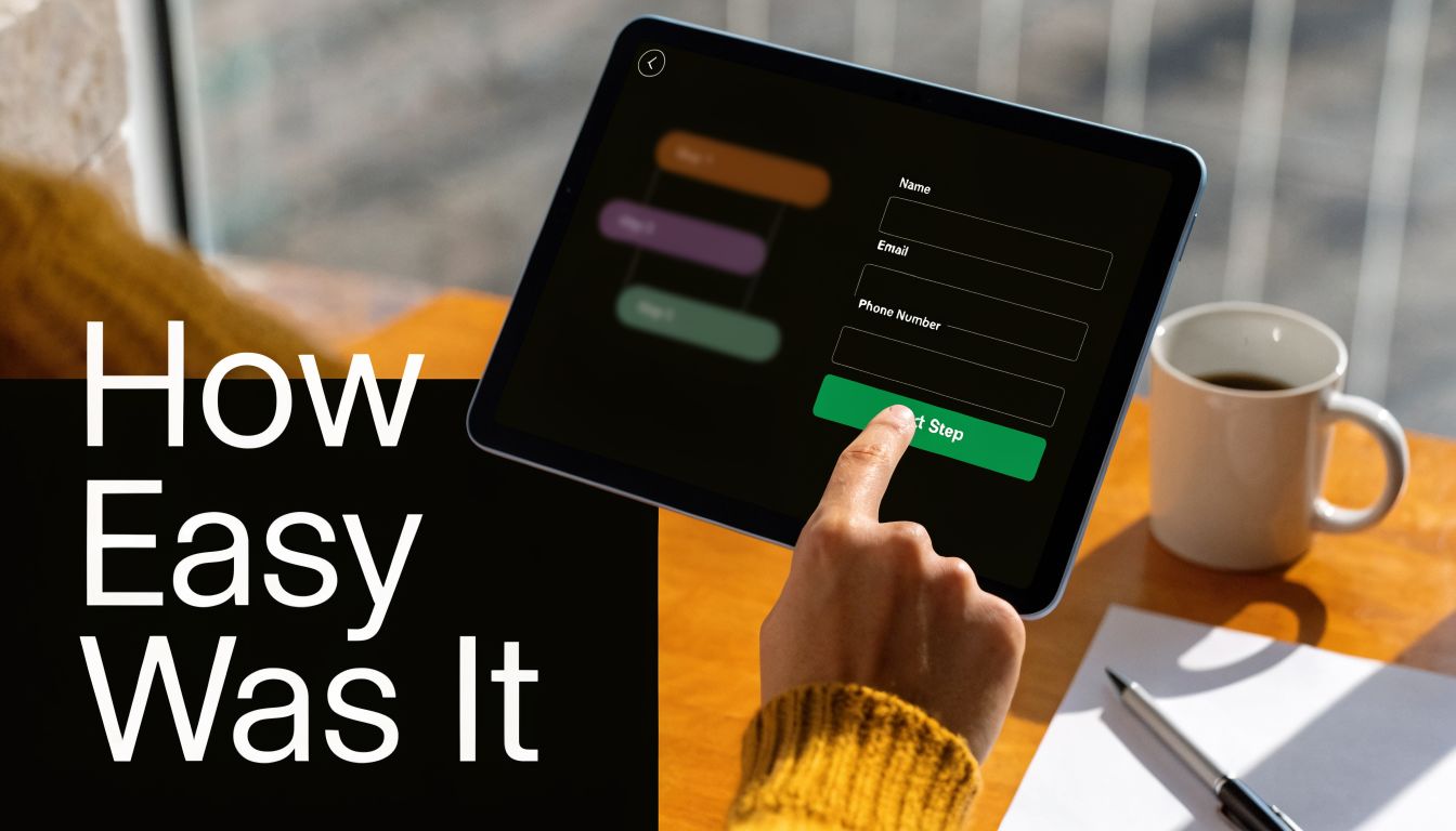 A person using a tablet to fill out a digital feedback form with a green button.