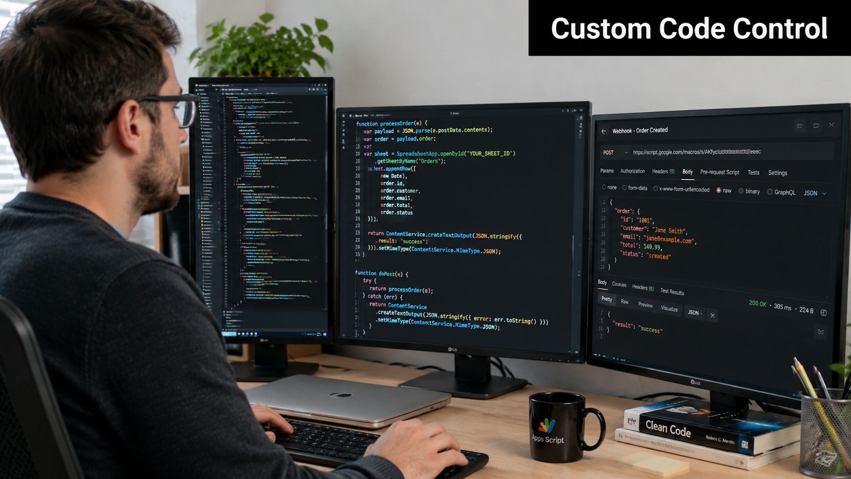 A developer working on code to connect forms to Google Sheets using multiple monitors at a desk.