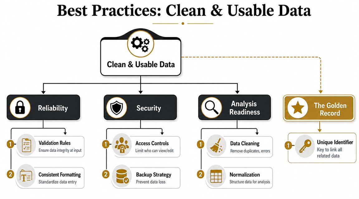 A diagram outlining best practices for achieving clean and usable data including reliability, security, and analysis readiness.