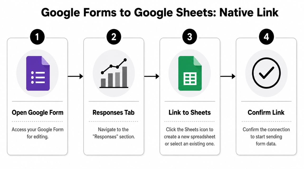 A four-step infographic illustrating how to link a Google Form to a Google Sheet for data management.