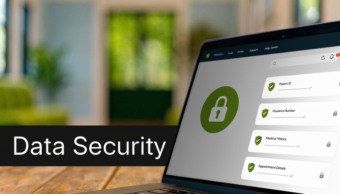 A laptop screen displaying data security features for protecting sensitive medical patient records and personal information.