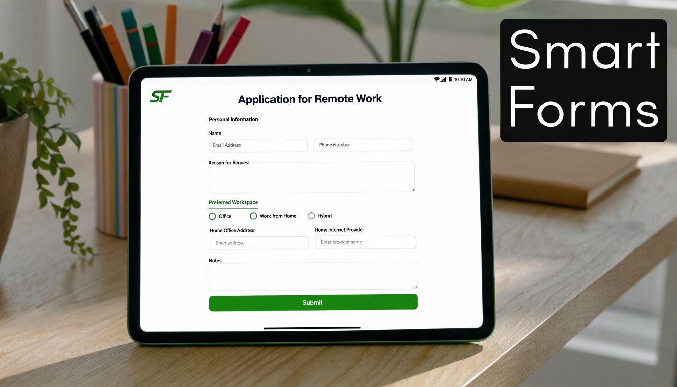 A tablet on a wooden desk displaying an online application form for remote work opportunities.