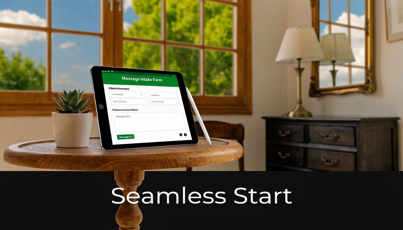 A digital tablet displaying a massage intake form sits on a wooden table beside a small plant.