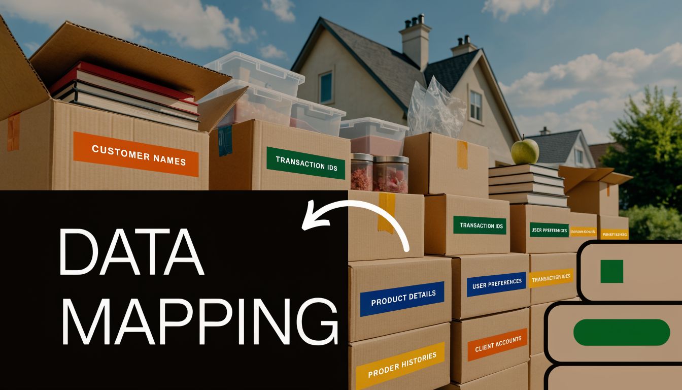 A conceptual illustration of data mapping with various labeled moving boxes representing organized information and database integration.