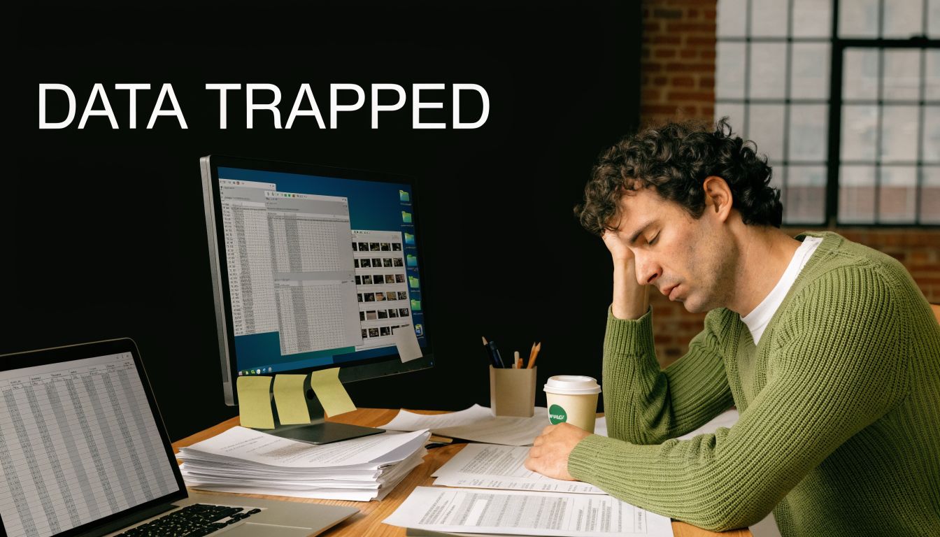 A tired office worker sitting at a desk overwhelmed by paperwork and digital data on computer screens.
