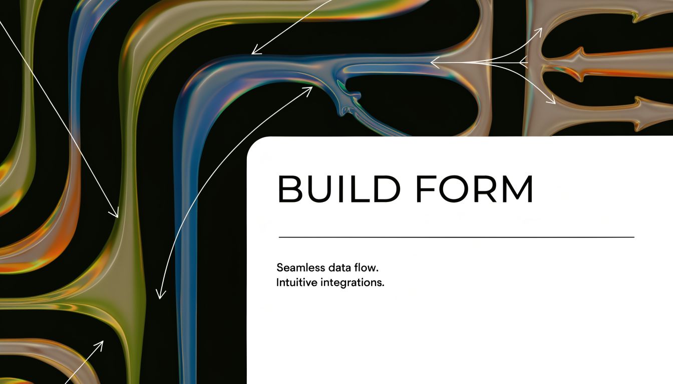 A modern, abstract digital graphic featuring flowing colorful shapes and the text BUILD FORM with marketing copy.