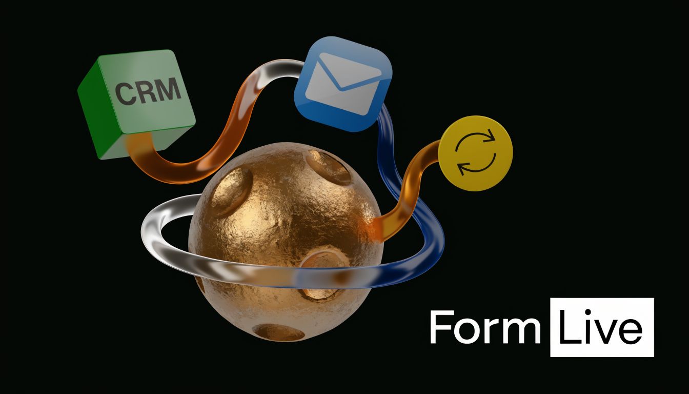 A 3D representation showing a central golden sphere connected to CRM, email, and sync icons.