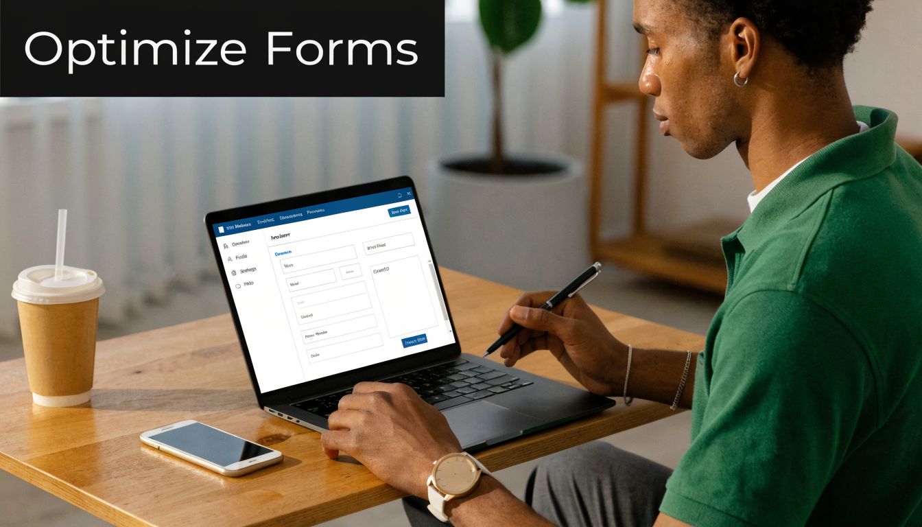 A young man sitting at a desk while filling out a lead generation form on a laptop.
