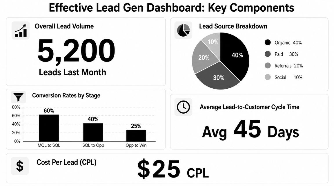 A marketing dashboard displaying key lead generation metrics like lead volume, source breakdown, and conversion rates.