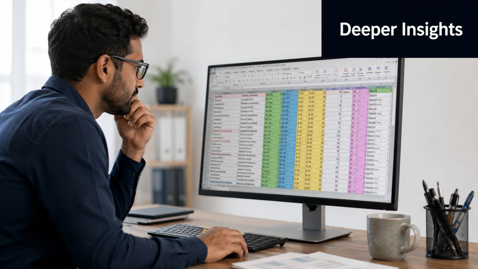 A professional analyzing complex data on a computer monitor in a modern office environment.