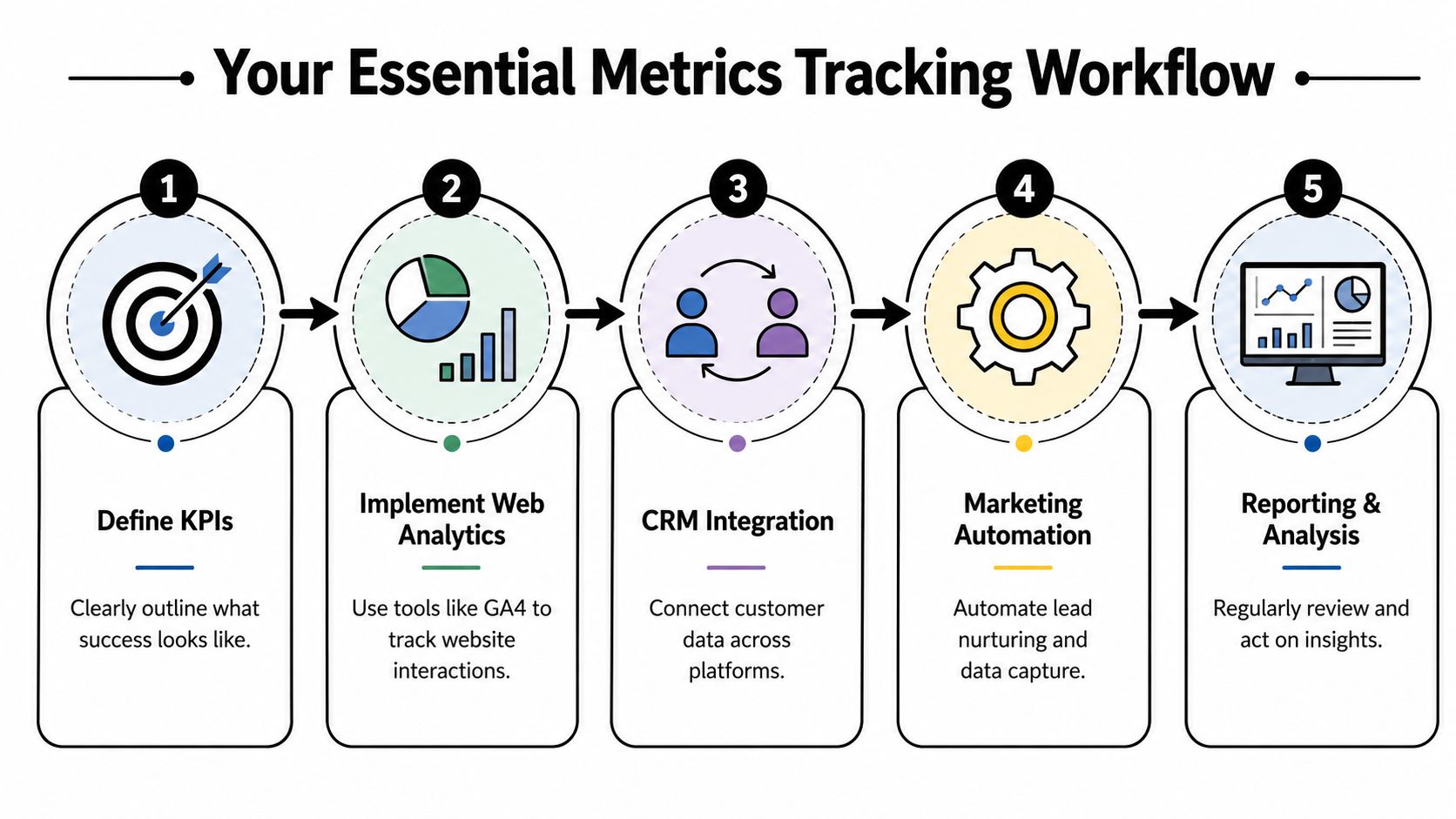 A five-step infographic showing a workflow for tracking business metrics, from defining KPIs to reporting and analysis.