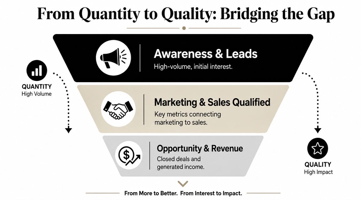 A funnel diagram illustrating the transition from high-volume lead generation to high-impact sales revenue.
