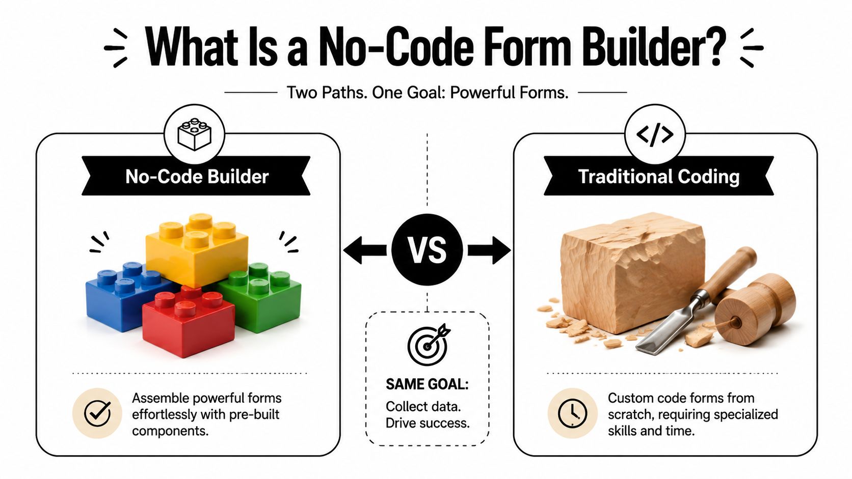A comparison infographic between a no-code form builder using building blocks and traditional coding with a chisel.