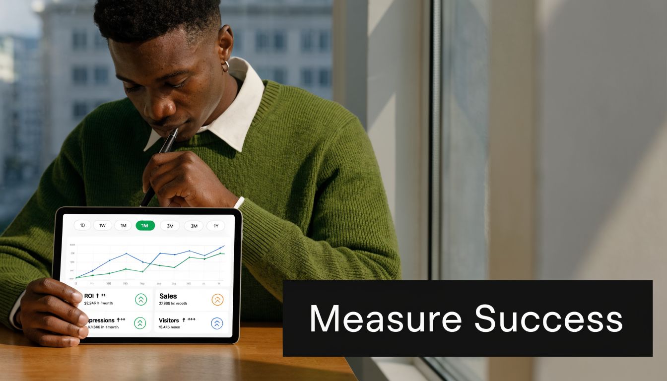 A man in a green sweater holding a digital tablet displaying performance analytics charts and success metrics.