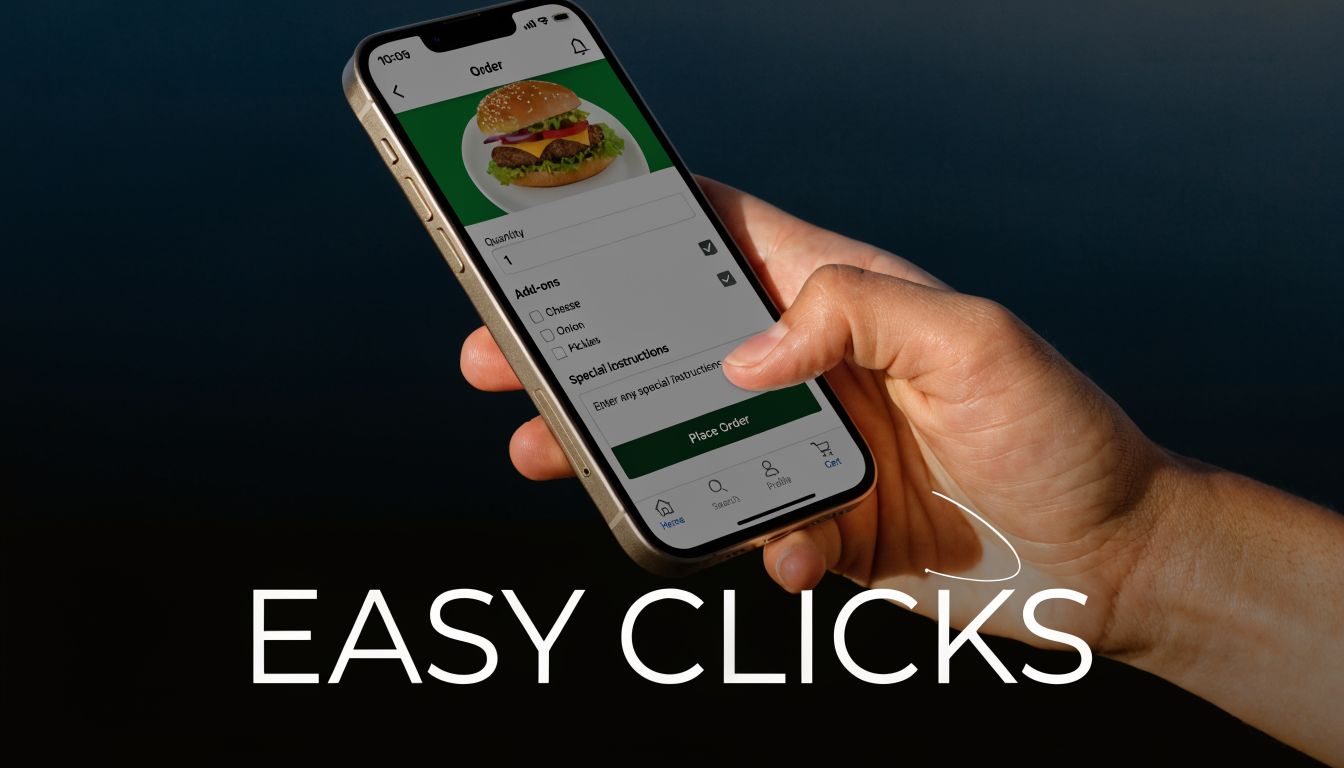A hand holding a smartphone displaying an online burger order form with quantity and customization options.