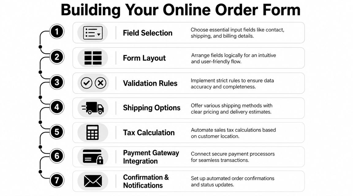A step-by-step infographic illustrating the seven essential components for building an effective online order form.