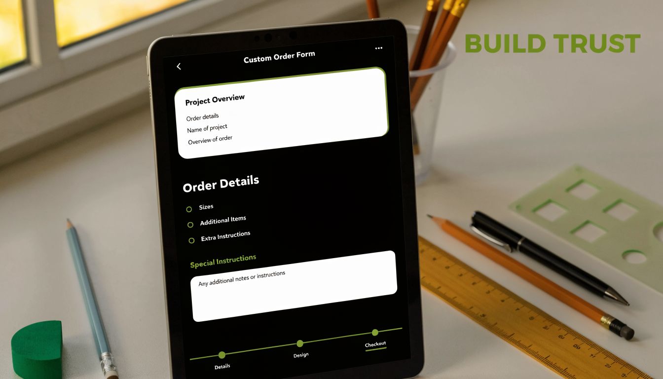 A digital tablet displaying a custom order form on a workspace desk with stationery items.