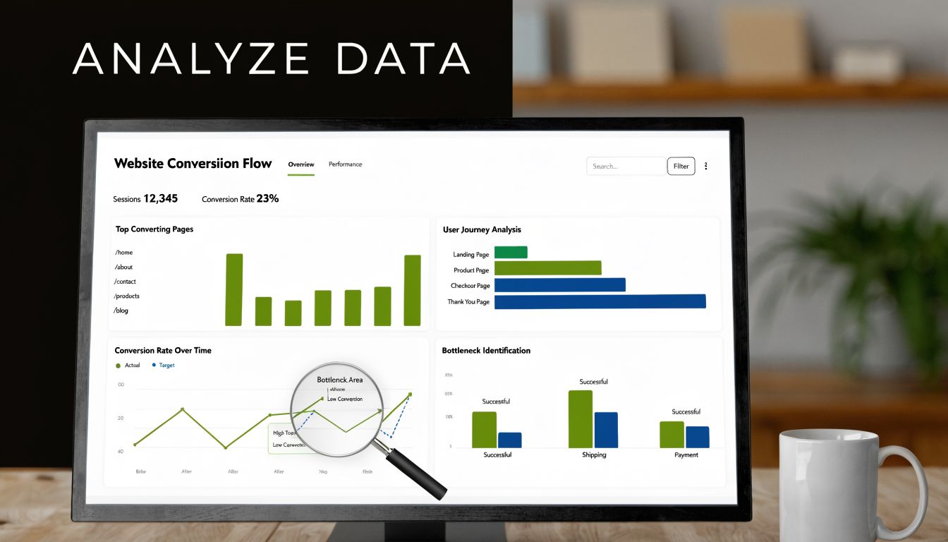 A computer monitor displaying website conversion analytics dashboard on a desk with a coffee mug.