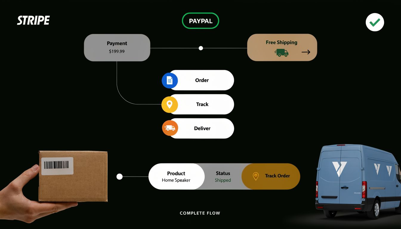 A digital infographic representing an e-commerce order workflow with Stripe payment, shipping, and delivery tracking steps.