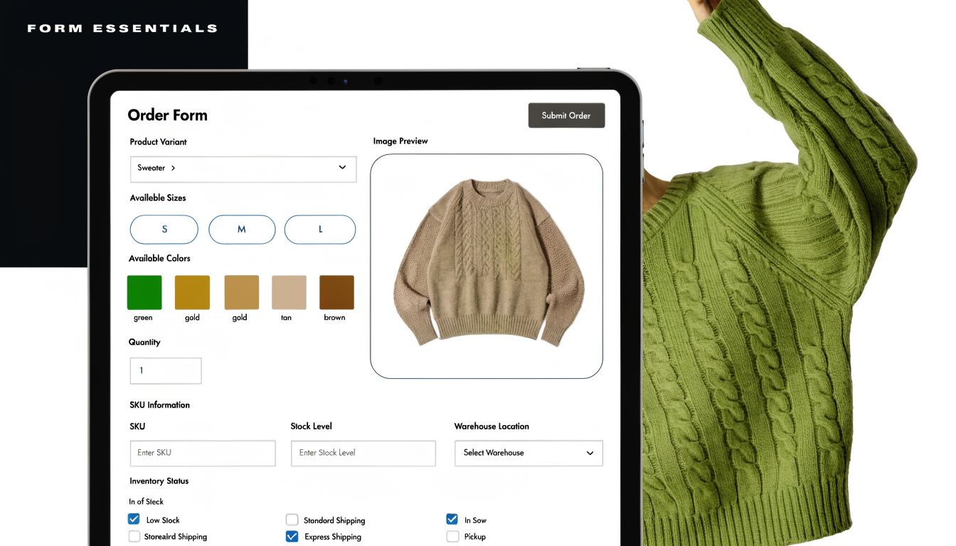 A digital tablet displaying an interactive clothing order form for selecting sweater sizes, colors, and shipping options.