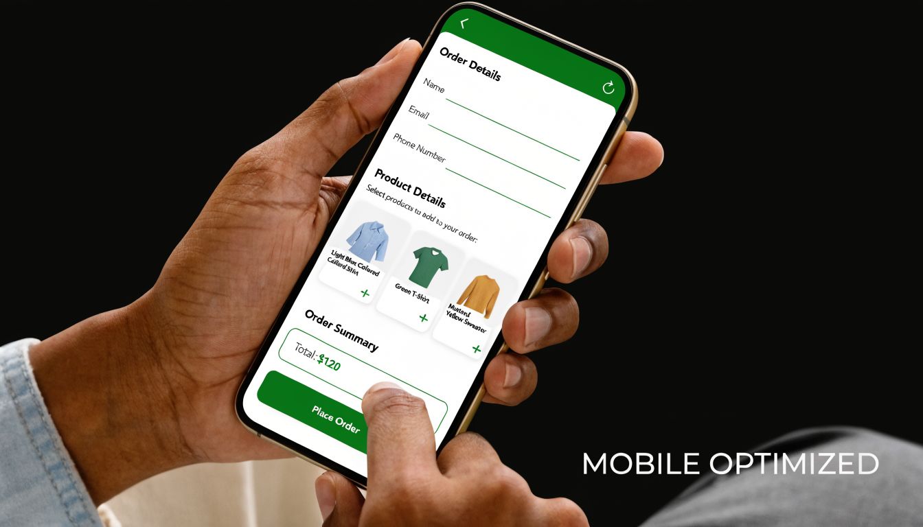 A close-up view of a person's hands holding a smartphone displaying a mobile-optimized clothing order form.