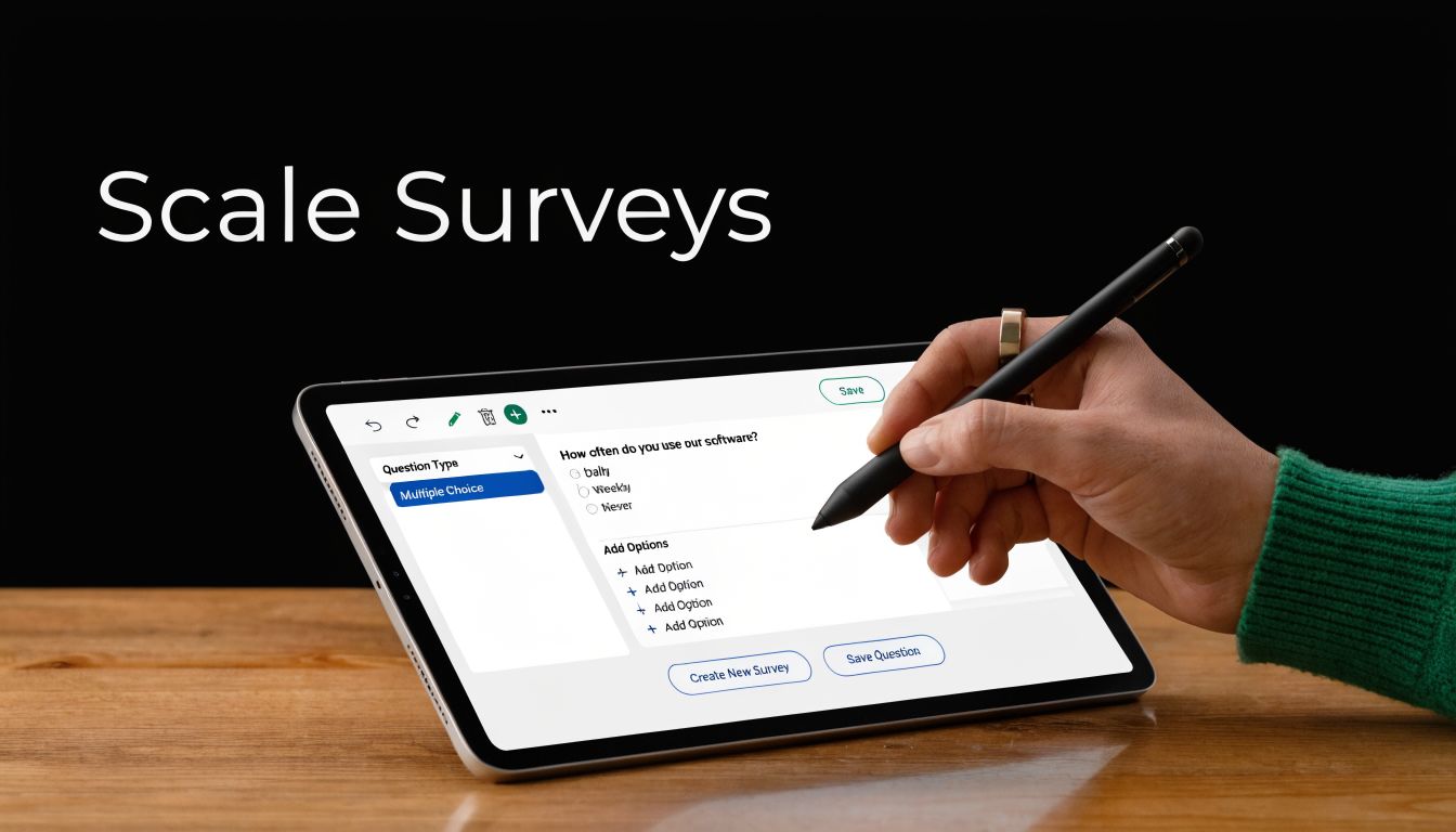 A person uses a stylus on a tablet to create or edit a survey question interface.
