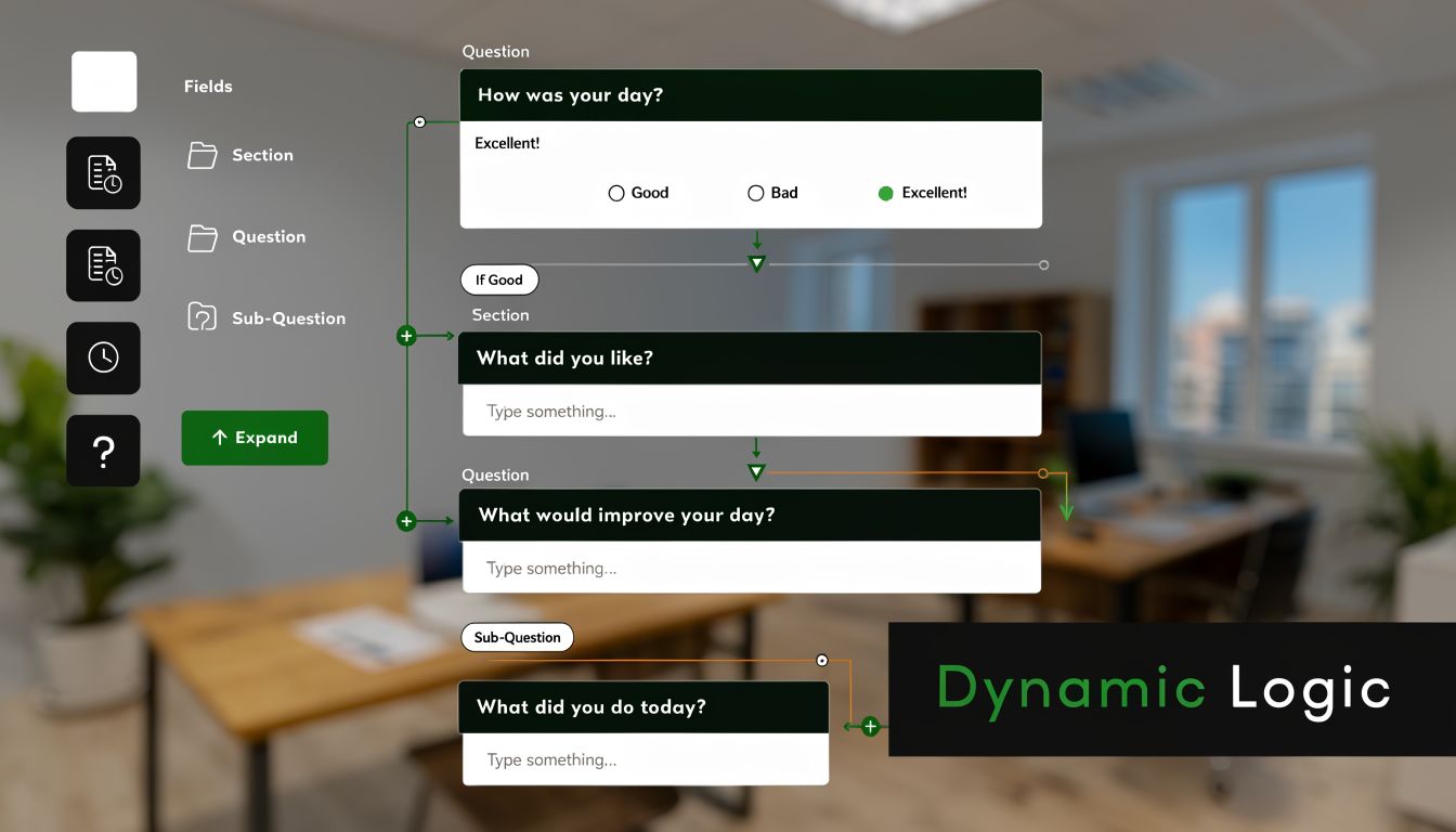 A digital interface showcasing a workflow builder tool for creating interactive step-by-step forms with dynamic logic paths.