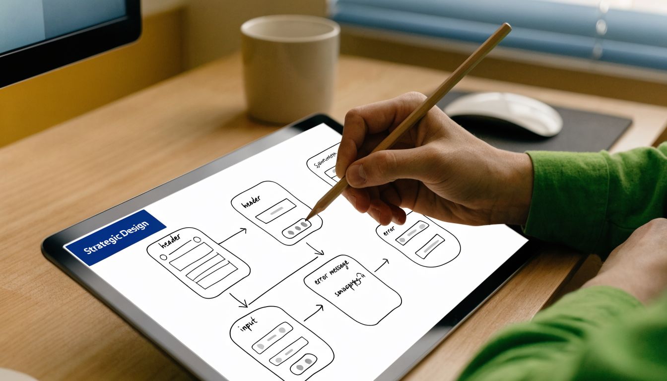 A person drawing a UI wireframe flow diagram on a digital tablet with a pencil.