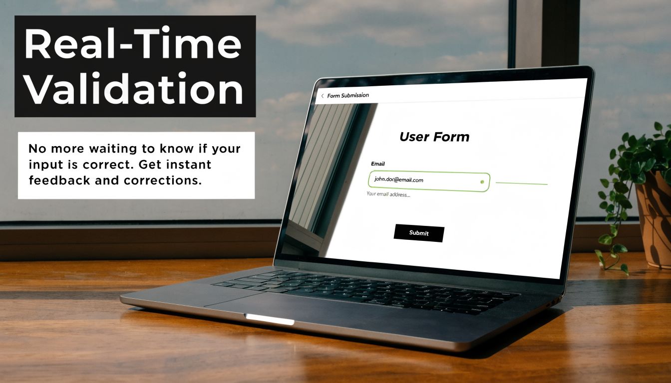A laptop on a wooden desk displaying a user form with real-time email validation feedback.